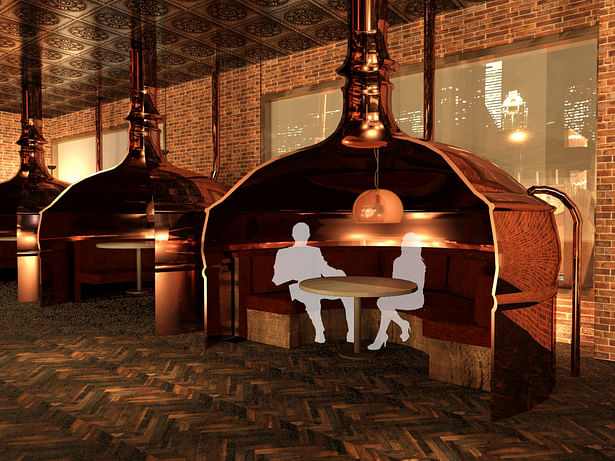 In the bar, guests can sit inside antique brew copper kettles