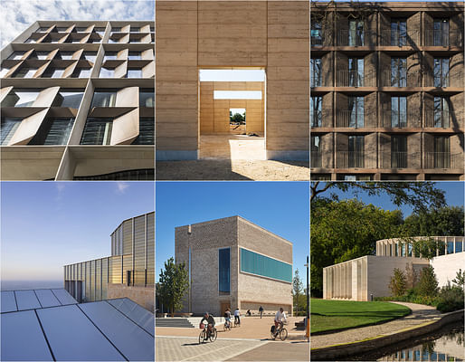 Mirror, mirror, on the wall: Bloomberg HQ, Bushey Cemetery, Chadwick Hall, Sultan Nazrin Shah Centre, Storey's Field Centre and Eddington Nursery, New Tate St Ives (clockwise from top left). Photos: Nigel Young, Lewis Khan, Nick Kane, Alan Williams, Hufton&Crow.