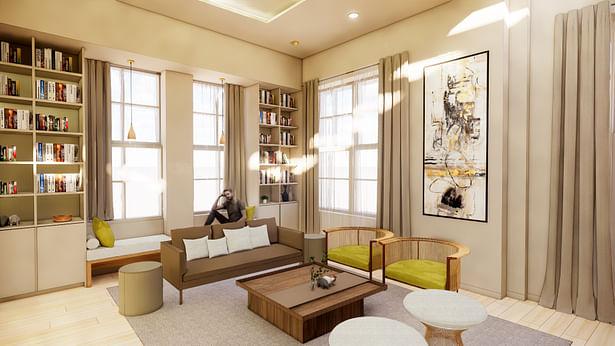 Living room featuring bookcase millwork.