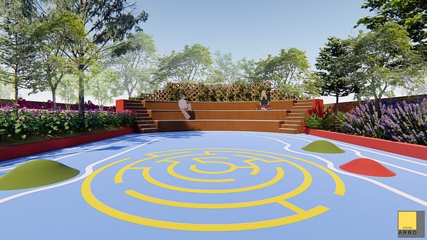 The children's play area seamlessly blends with an amphitheatre.