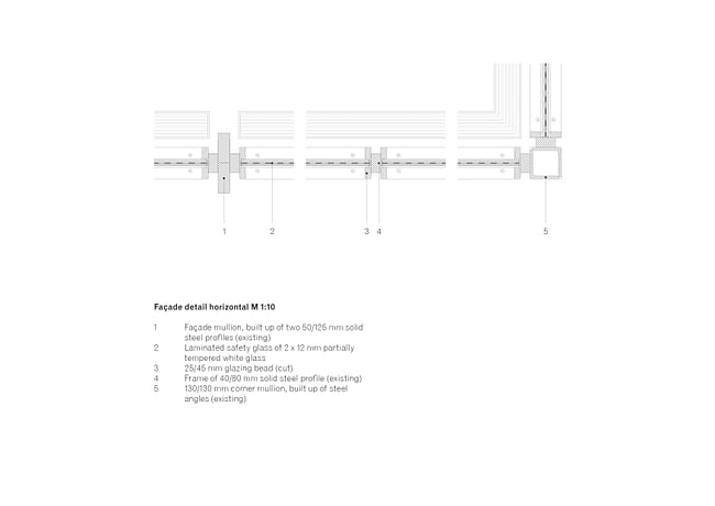 Detail glass façade exhibition hall, implemented variant, minimal modification (original scale 1:10) © David Chipperfield Architects for Bundesamt für Bauwesen und Raumordnung