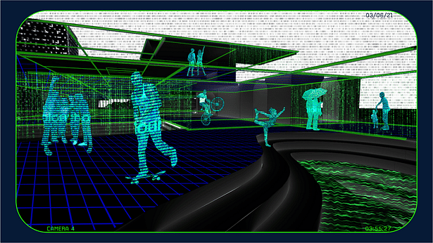 Data Encryption Render showing the identities of the occupants are stripped further as the system encrypts the information received from heat mapping. 