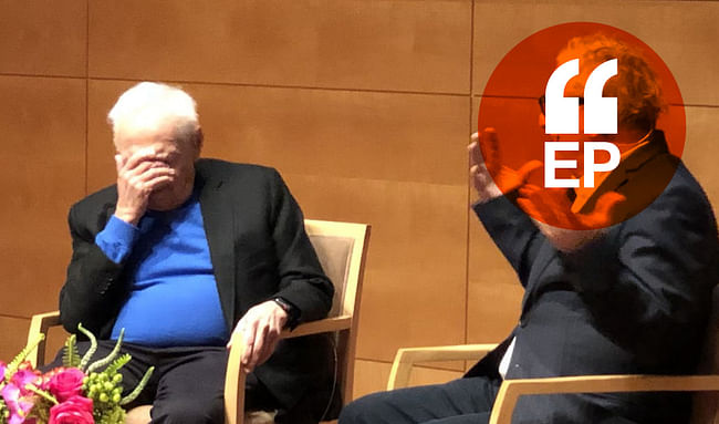 Frank Gehry and Orhan Ayyüce in conversation. Photo by Paul Petrunia