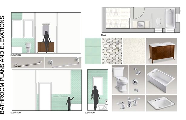 Bathroom elevations, including fixtures and finishes.