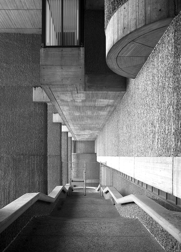 Paul Rudolph, underside of Erich Lindemann Mental Health Center (1971), 2015. Photo, Mark Pasnik.