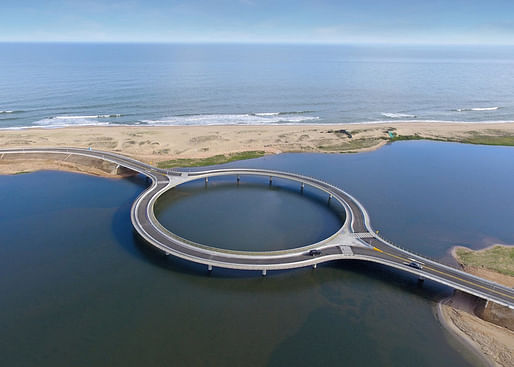 The design of the recently completed roundabout bridge in southeastern Uruguay wants drivers to slow down and take in the scenic views of the surrounding landscape. (Image: Rafael Viñoly Architects)