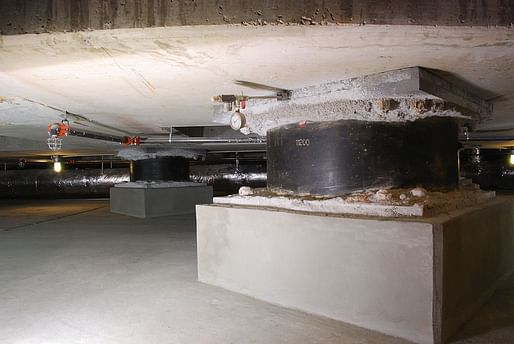 Base isolation systems, like these seismic dampening widgets under the Utah State Capitol building, are still a rare find in the United States compared with Japan. Photo: Mike Renlund/Wikimedia Commons.