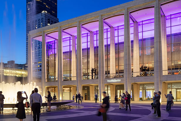Exterior of David Geffen Hall seen from the plaza at Lincoln Center