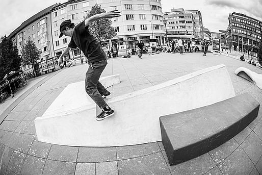 Alexis Sablone on a skateable sculpture she designed for a public square in Malmo, Sweden. Image courtesy Alexis Sablone.