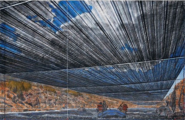 A drawing of the proposed 'Over the River' project. Image- Andre Grossman's photo of Christo's 2012 drawing