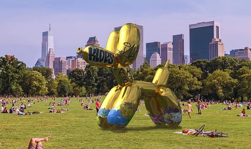 In 2017, artist Sebastian Errazuriz digitally 'vandalized' a geo-tagged AR public sculpture in Central Park developed by Snapchat in collaboration with Jeff Koons. Image: Sebastian Errazuriz, via failedarchitecture.com.