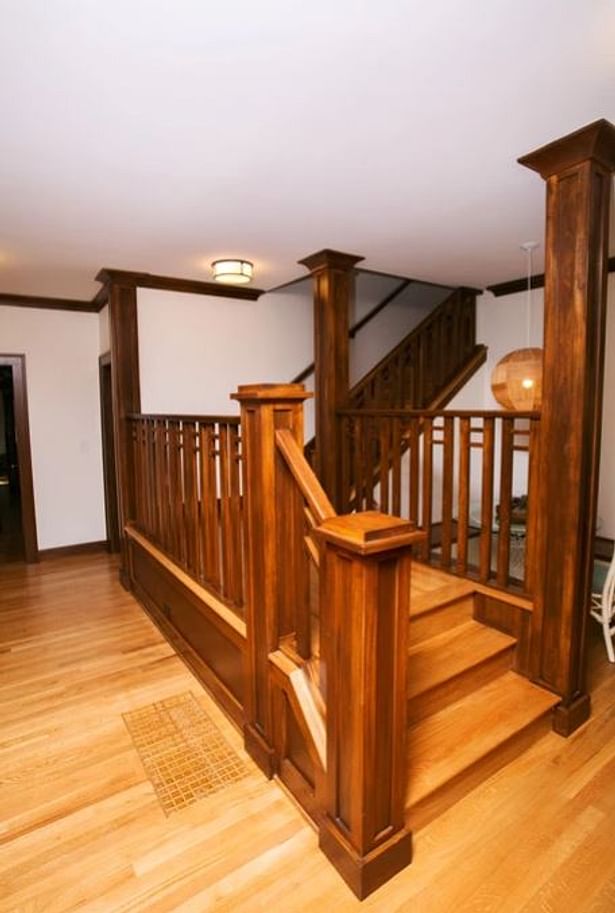The Craftsman-style stair with built-in breakfast nook is entirely new.