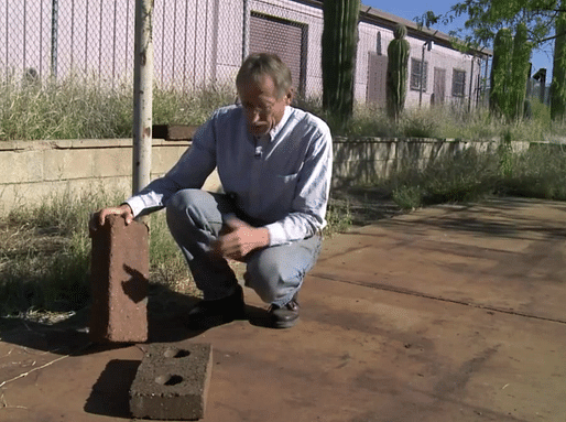 The chemist David Stone with his invention Ferrock. Credit: PBS