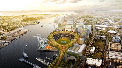Look mom, no corners! Rendering of the revised Howard Terminal ballpark proposal for the Oakland A's. Image: Bjarke Ingels Group.