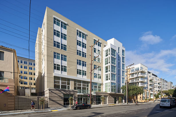 Street frontage responds to the historical context and to the forward-looking mission of Openhouse. Photo © Bruce Damonte