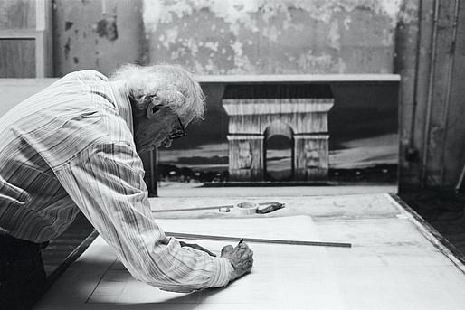 Christo in his studio working on a preparatory drawing for ​L'Arc de Triomphe, Wrapped. Photo: Anastas Petkov © 2020 Christo and Jeanne-Claude Foundation