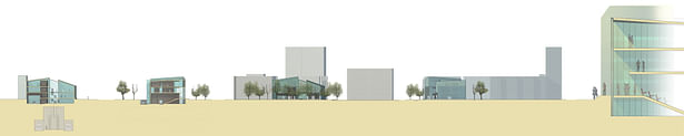 Kulturhus elevations and large section showing the light well wall concept. 