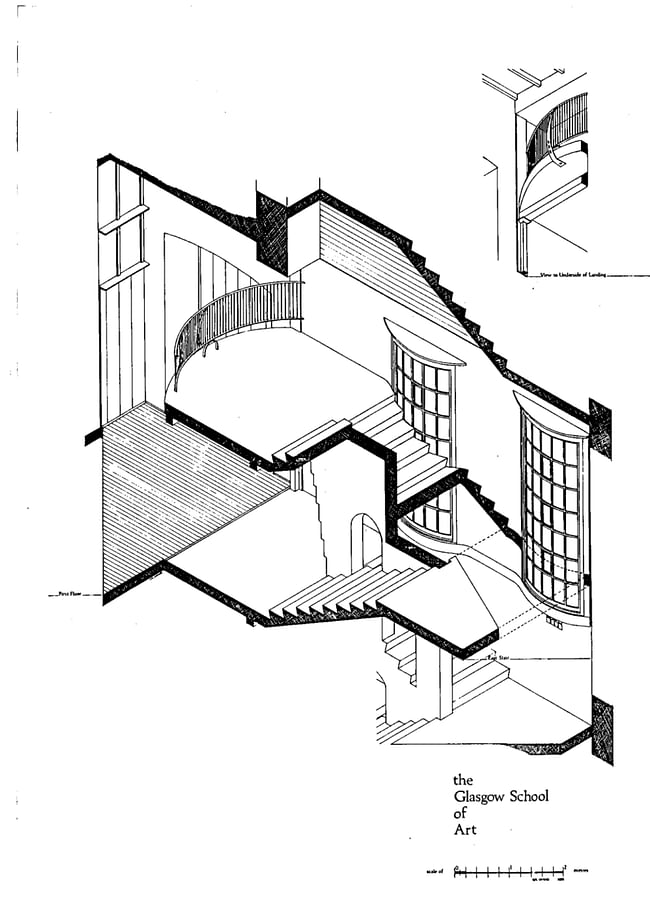 George Cairns' detailed architectural drawing of the East Wing Staircase of the Mackintosh Building.