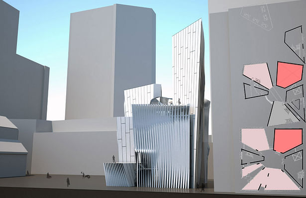 SE elevation + plan - stacks terminate with adjacent obstructions to provide rooftop gardens with reciprocal views.