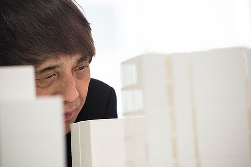 The master himself looking at a model of the proposed NY building. Photo credit: Tadao Ando Architect & Associates