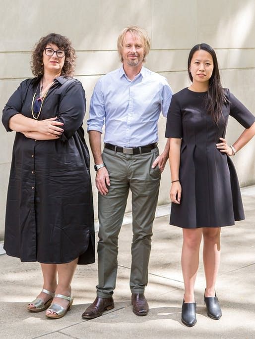 Project curators for the 2018 Venice Biennale U.S. Pavilion: Mimi Zeiger, Assoc. Prof. Niall Atkinson and SAIC Asst. Prof. Ann Lui at the Art Institute of Chicago North Garden. Photo by Nancy Wong.