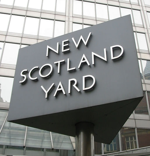The famous revolving sign outside the current New Scotland Yard, located in the Victoria area of London. 