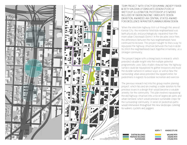 Left: Site plan highlighting main design interventions within the urban fabric. Right: Site plan showing various path types and new constructions.