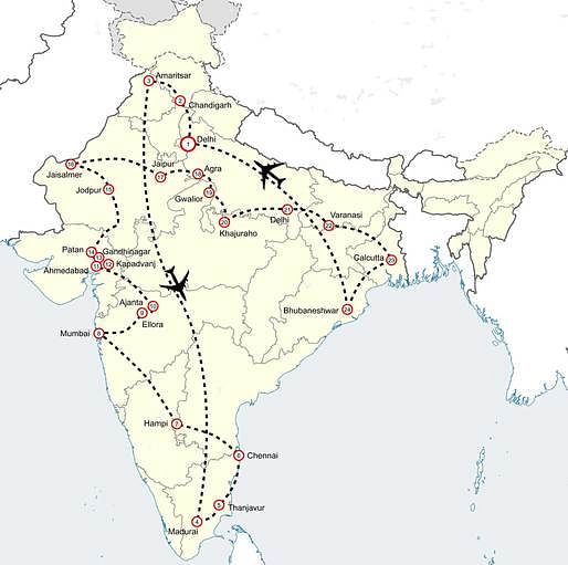graphic itinerary for amlocke's thirteen-week train expedition across India.
