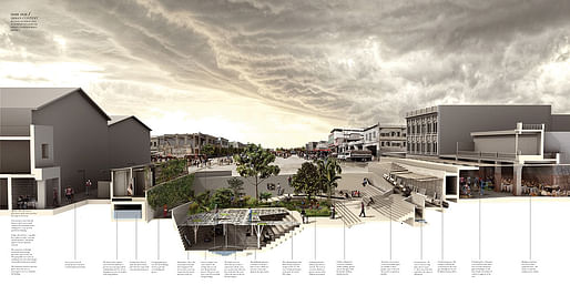 Sectional perspective of urban hub in downtown Port-au-Prince