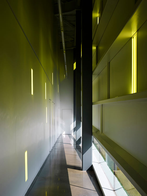 The west/secondary gallery corridor provides access to toilets, the green room, and administrative offices. The afternoon sun projects ever-changing gold “notes” onto the wall. “Notes” appear, move, change and disappear during the day capturing the kinetic energy within the space. The glass at the floor line suggests the building is buoyant.