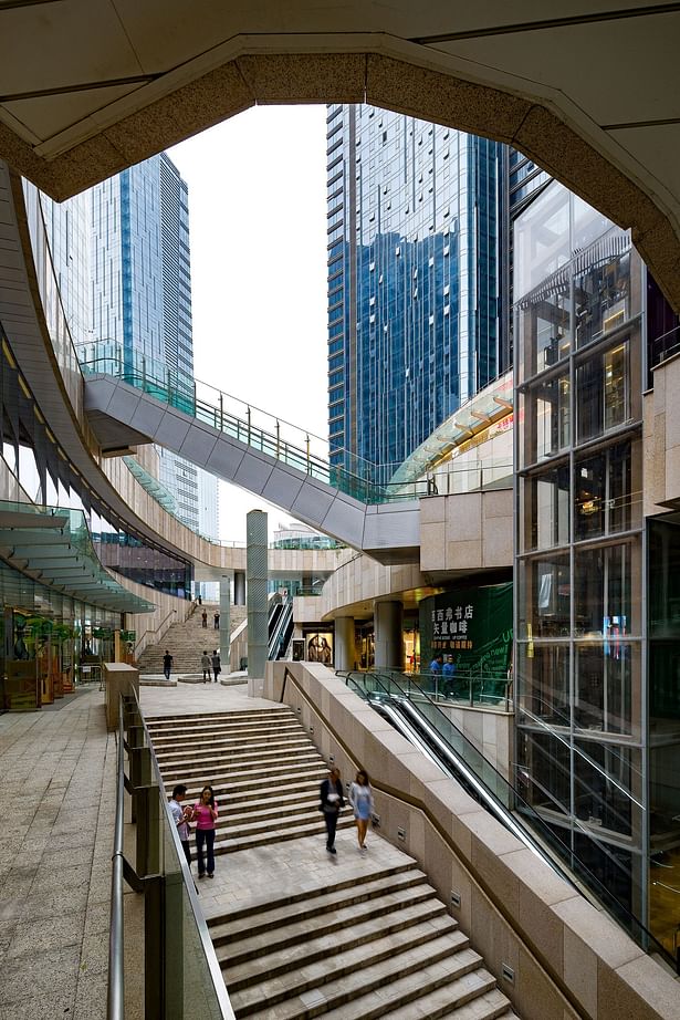 Evergrande Huazhi Plaza, Chengdu, China, by Aedas - Outdoor escalators and staircases linking up different levels of The ONE