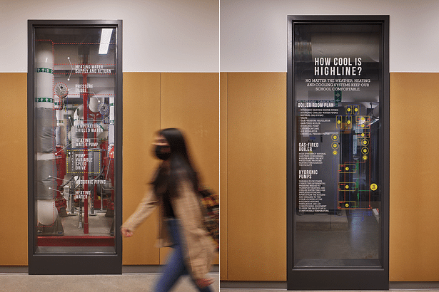 The boiler rooms provide an educational opportunity by featuring graphics that identify equipment beyond the window.