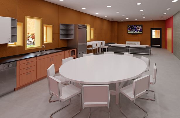 The fireman's break room aims to combine industrial materials with comfortable and homelike concepts. 
