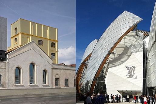 Luxurios opponents: the Rem Koolhaas-designed Fondazione Prada in Milan and Frank Gehry's Fondation Louis Vuitton in Paris. (Photos: Bas Princen, eyepreferparis; Image via The Art Newspaper)