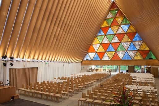 Shigeru Ban's Cardboard Cathedral, 2013, built from paper tubes after 2011 Christchurch earthquake. © Bridgit Anderson. Courtesy of Shigeru Ban Architects.