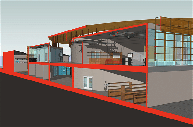 section through offices and upper open air hall