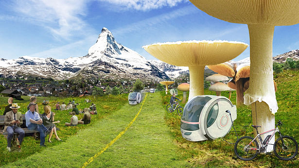 G-Charging Pod / Valais, Switzerland A world with electric cars is approaching. G-Charging Pod provides a new concept for charging stations and healthy public space. Every G-Charging Pod design appreciates the nature. Made of closest available resources it will encounter users to their consciousness self and surroundings. © 2018, Peter Ruge Architekten