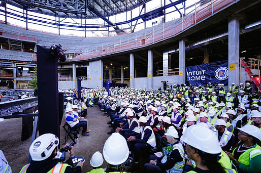 LA Clippers Chairman Steve Ballmer, LA Clippers President of Business Operations Gillian Zucker, Intuit CMO Lara Balazs, Inglewood Mayor James T. Butts, the full Clippers Roster and Coaching Staff, construction workers, and other special guests celebrated the Steel Topping Out of Intuit Dome, the biggest construction milestone in the building of the team's new arena, on March 7, 2023. Photo credit: LA Clippers