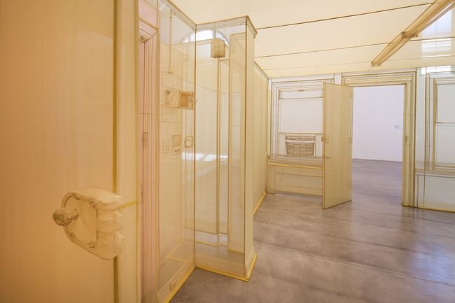 Do Ho Suh, Apartment A, Unit 2, Corridor and Staircase, 348 West 22nd Street, New York, NY 10011, USA (detail), 2011-2014, Polyester fabric and stainless steel tubes, Apartment A, 271 2/3 x 169 3/10 x 96 7/16 in. Unit 2, 422 7/16 x 228 1/3 x 96 1/16 in. Corridor and Staircase, 488 3/16 x 66 1/8 x 96 7/16 in., © Do Ho Suh, Installation view, Museum of Contemporary Art San Diego, 2016. Photo: Pablo Mason.