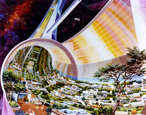 Toroidal Colonies by Rick Guidice. Cutaway view, exposing the interior. Courtesy NASA Ames Research Center