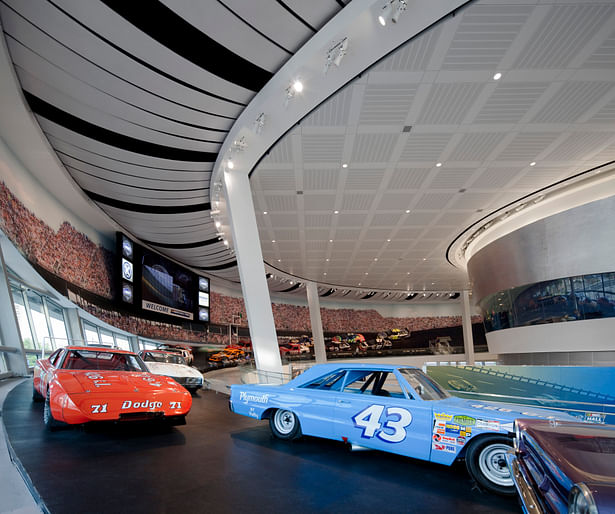 “Glory Road” exhibit in Great Hall The Great Hall’s ramp contains a display of race cars frozen in a moment from a race, capturing in another way the speed and spectacle that is the essence of the sport.