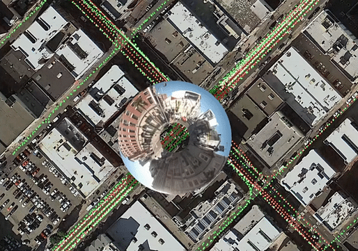 Inside Atlas, Google’s map-editing program, operators can see where Street View cameras have captured images (colored dots), and zoom in with a spyglass tool. (via wired.com; Image: Google Maps)