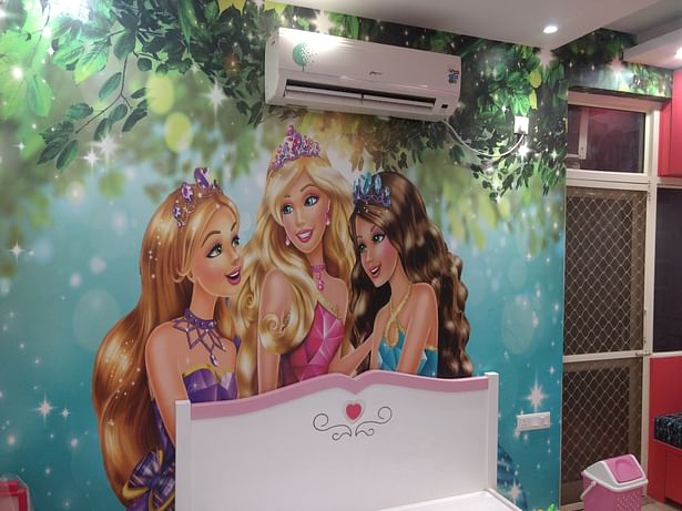 Customised colourful barbie theme wallpaper for girl's room made per size of wall @ Aspire Interiors, most popular wallpaper shops, sellers, suppliers, retailers, wholesalers, Faridabad, Delhi