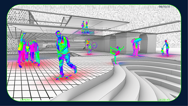 Thermal Surveillance Render showing the use of heat mapping that provides anonymity within this record of actions.