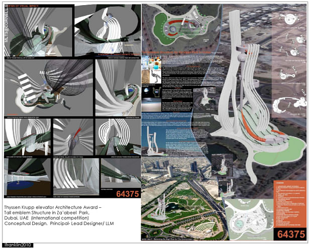 Thyssen Krupp elevator Architecture Award – Tall emblem Structure in Za’abeel Park, Dubai, UAE (international competition) Conceptual Design. Principal- Lead Designer/ LLM