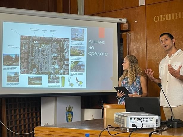 This is me, presenting the project existing surroundings, strategies, SWOT map, concept, and other slides, in front of the Head Architect of Burgas, the Mayor of Burgas, and GoGreenRoutes program.