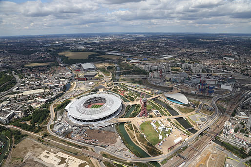 Aerial view of Queen Elizabeth Olympic Park in London where the new V&A Collection and Research Centre will be build on a plot near the ZHA-designed London Aquatics Centre. Photo: LLDC, courtesy of Queen Elizabeth Olympic Park.