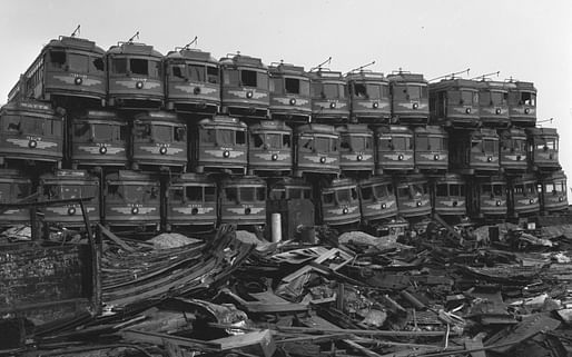 Pacific Electric Railway cars piled atop one another at a junkyard on Terminal Island, CA in 1956. Image courtesy LA Times via Wikimedia Commons.