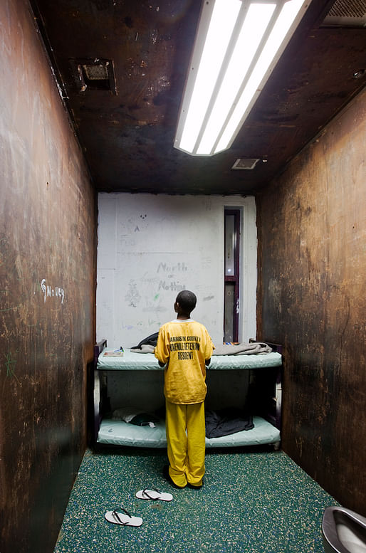 A 12-year-old in his cell at the Harrison County Juvenile Detention Center in Biloxi, Mississippi. The window has been boarded up from the outside. The facility is operated by Mississippi Security Police, a private company. In 1982, a fire killed 27 prisoners and an ensuing lawsuit against the authorities forced them to reduce their population to maintain an 8:1 inmate to staff ratio.