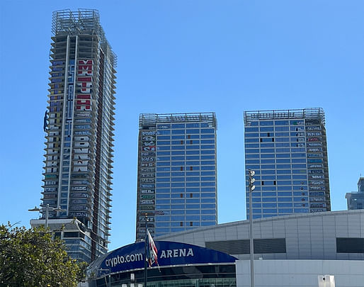 The tagged Oceanwide Plaza towers in Downtown Los Angeles as they appeared in April 2024. Image courtesy Wikimedia Commons user Sewageboy. (Public Domain)